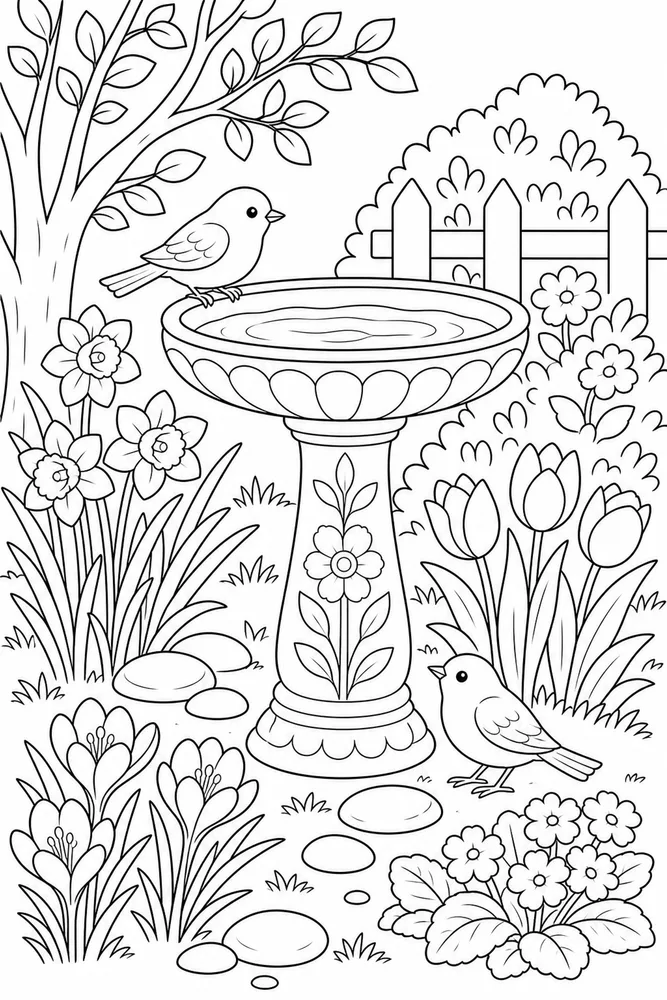 Spring Garden Birdbath Garden coloring page