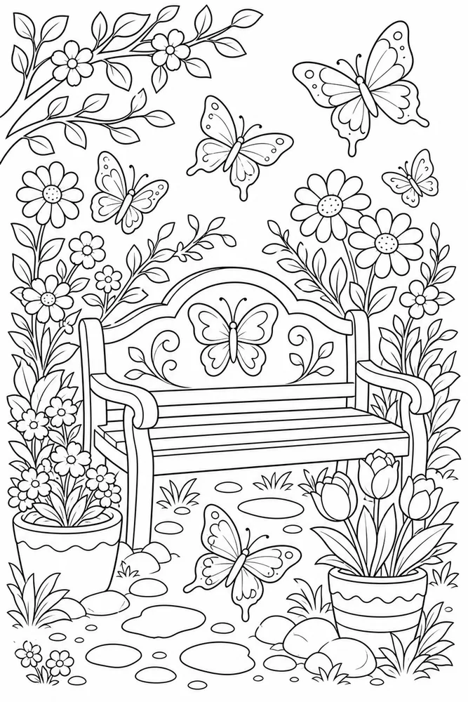 Spring Garden Butterfly Garden Bench coloring page