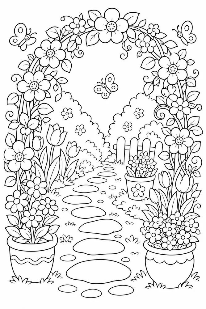 Spring Garden Flower Arch Walkway coloring page