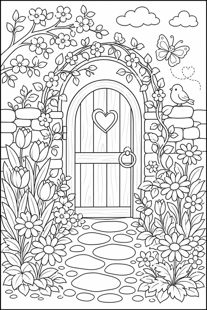 Spring Garden Garden Gate Flowers coloring page