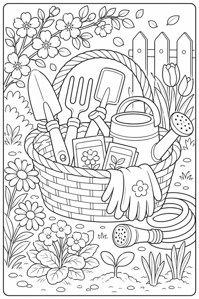 Spring Garden Garden Tools Basket coloring page