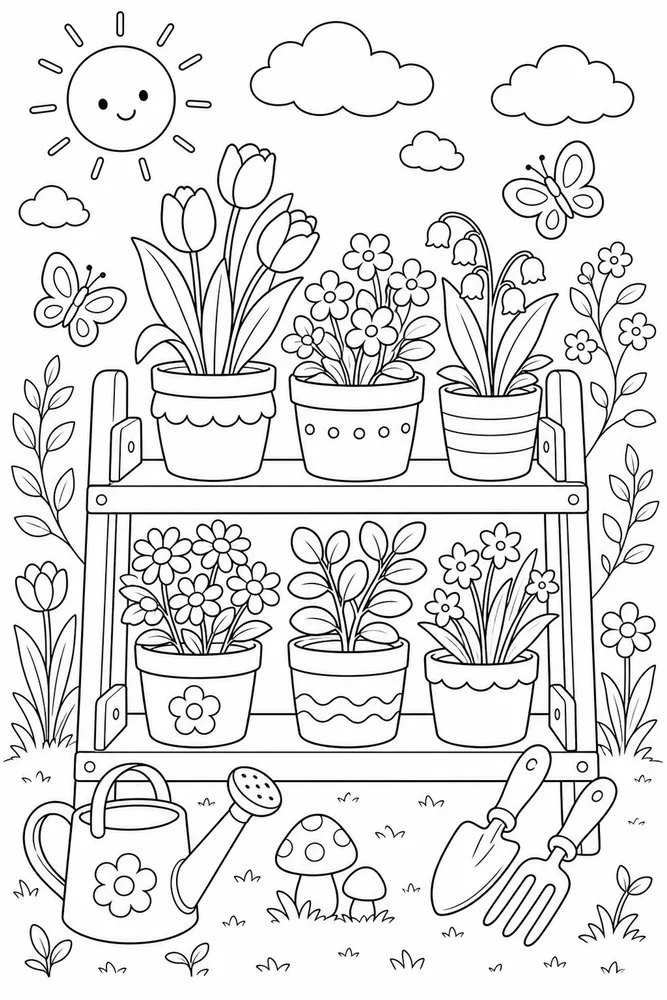 Spring Garden Potted Plant Shelf coloring page