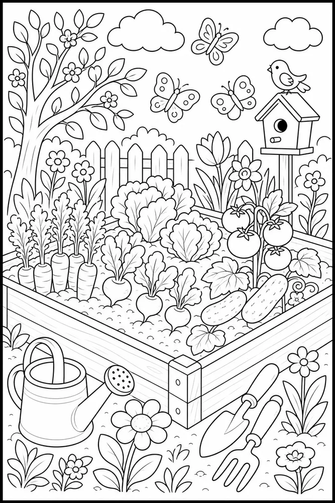 Spring Garden Raised Bed Vegetables coloring page