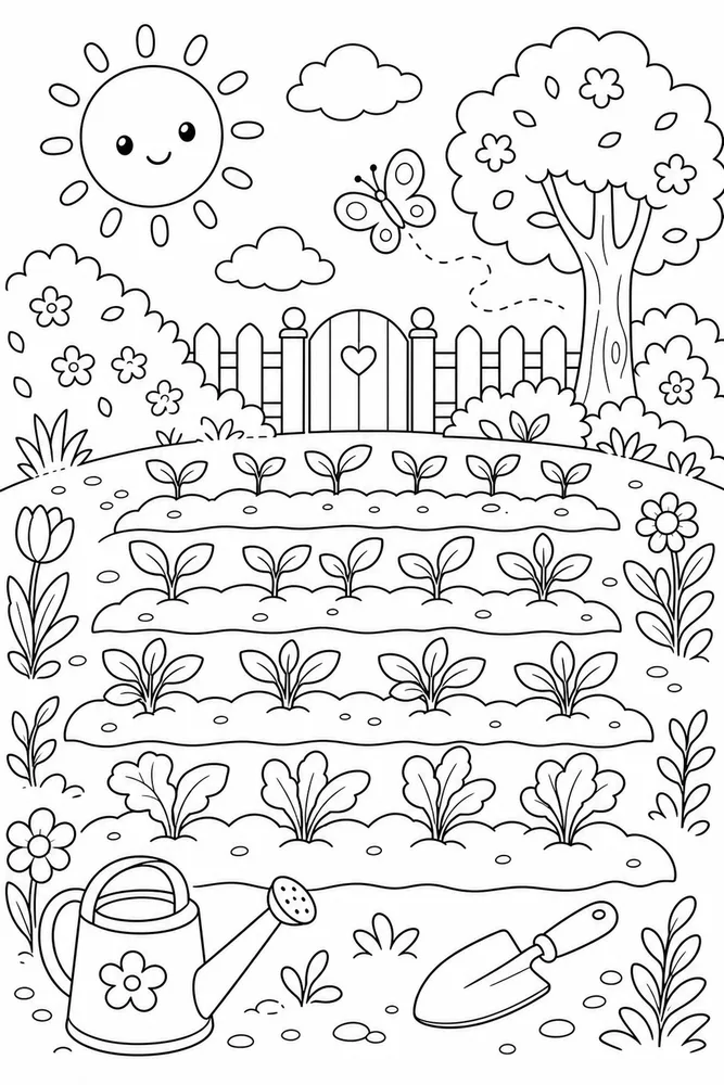 Spring Garden Coloring Pages preview: Spring Garden Seedling Rows coloring page