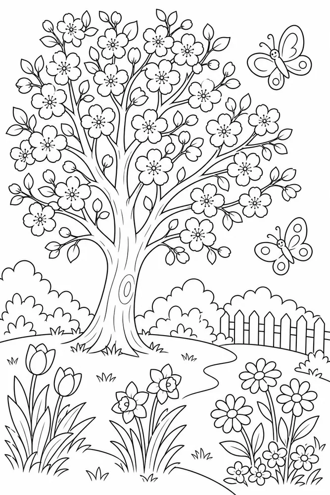 Spring Garden Tree Blossoms coloring page