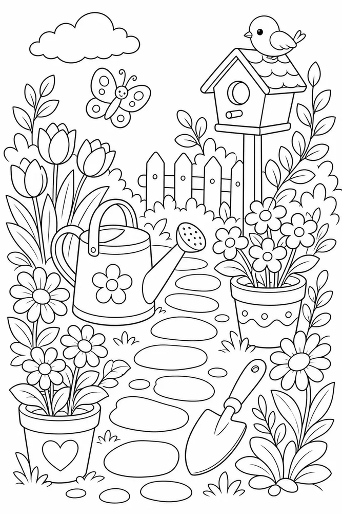 Spring Garden Watering Can Path coloring page