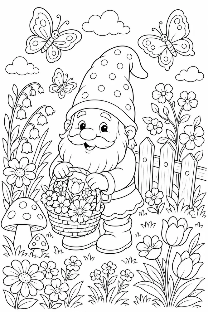 Spring Gnome Gnome Butterfly Meadow coloring page