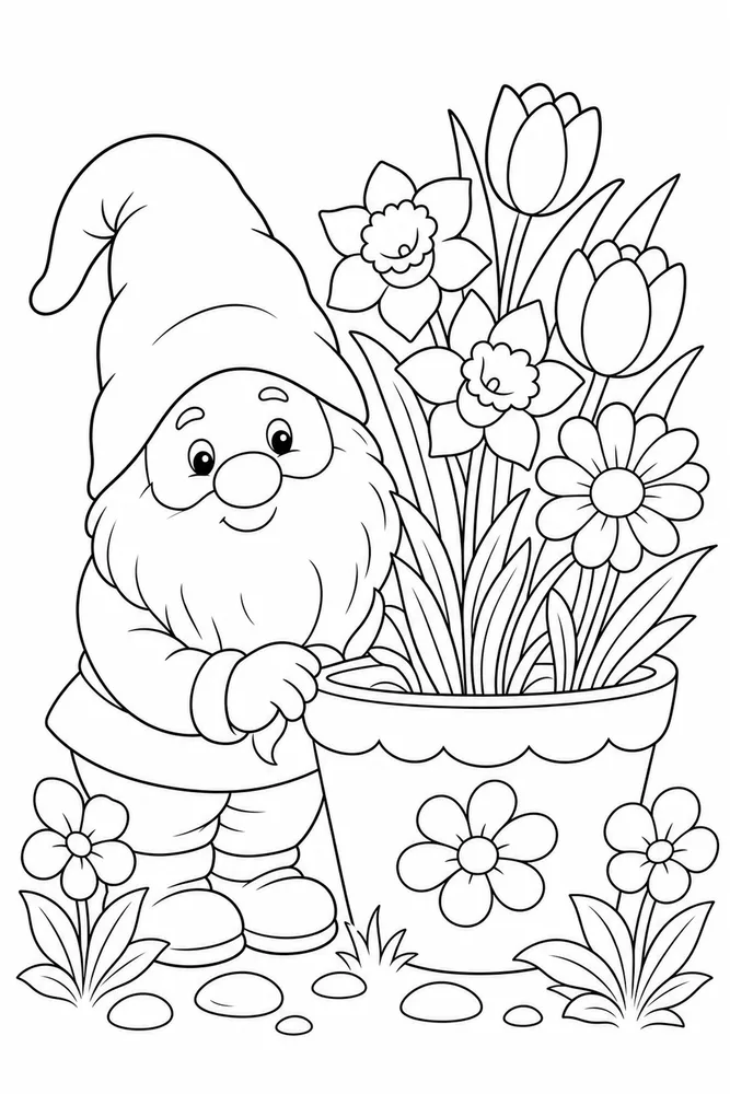 Spring Gnome Coloring Pages preview: Spring Gnome Gnome Flower Pot coloring page