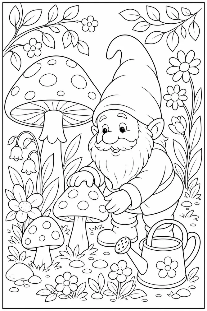 Spring Gnome Gnome Mushroom Garden coloring page