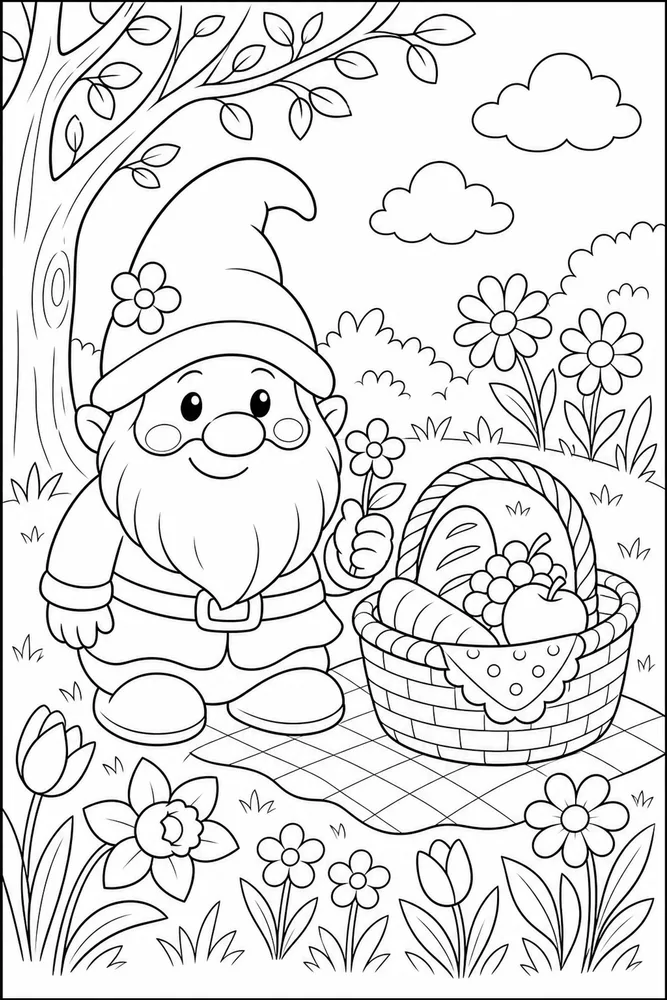 Spring Gnome Gnome Picnic Basket coloring page