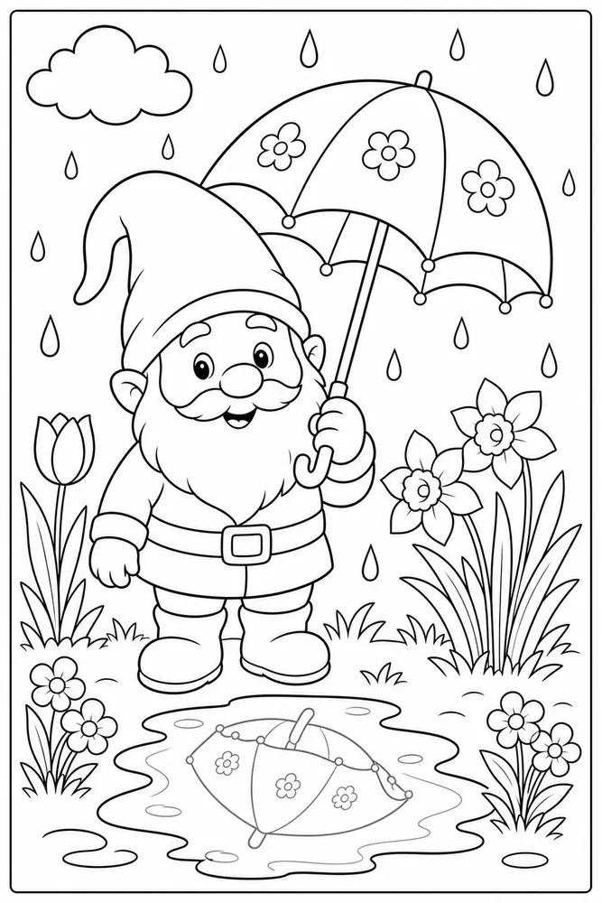 Spring Gnome Gnome Puddle Umbrella coloring page