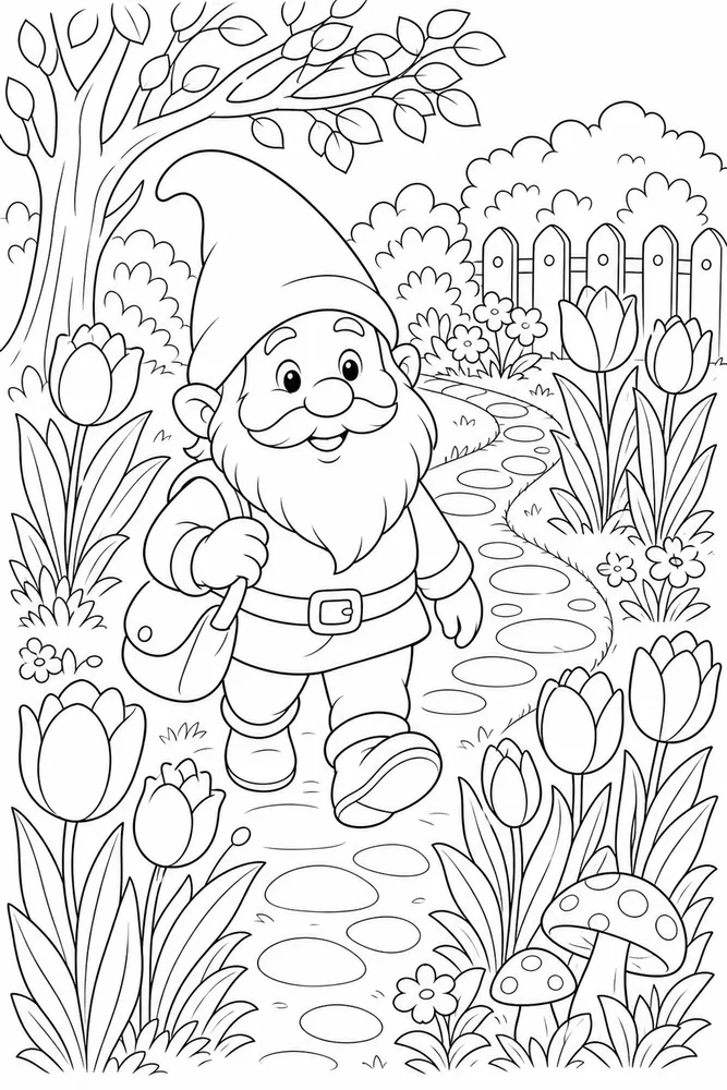 Spring Gnome Gnome Tulip Path coloring page