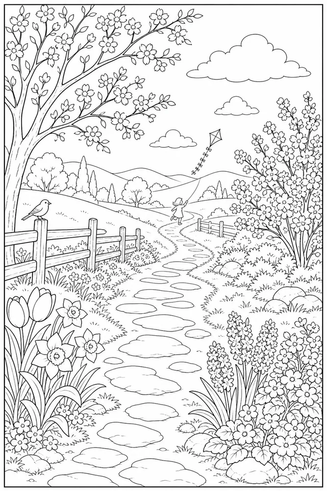 Spring Months Spring months outdoor path coloring page