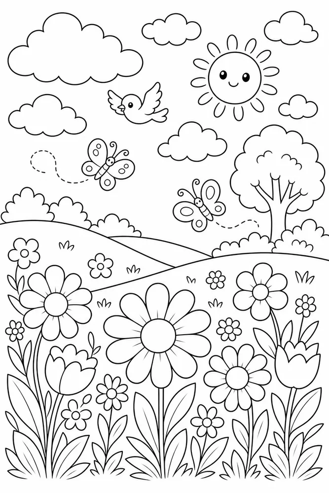 Spring Weather Clouds Over Flowers coloring page
