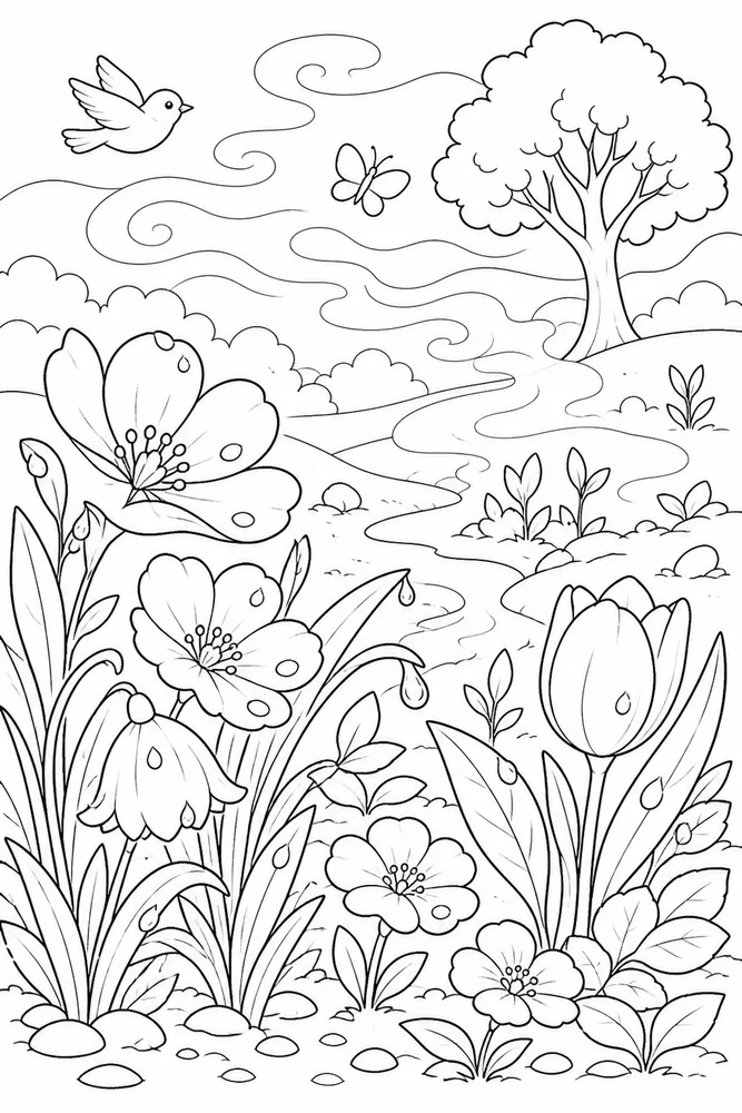 Spring Weather Misty Morning Flowers coloring page