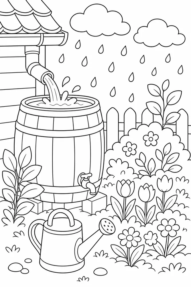 Spring Weather Rain Barrel Garden coloring page