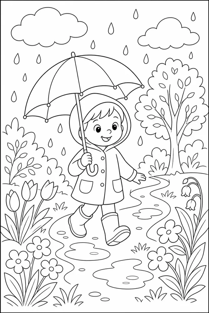 Spring Weather Coloring Pages preview: Spring Weather Rain Umbrella Walk coloring page