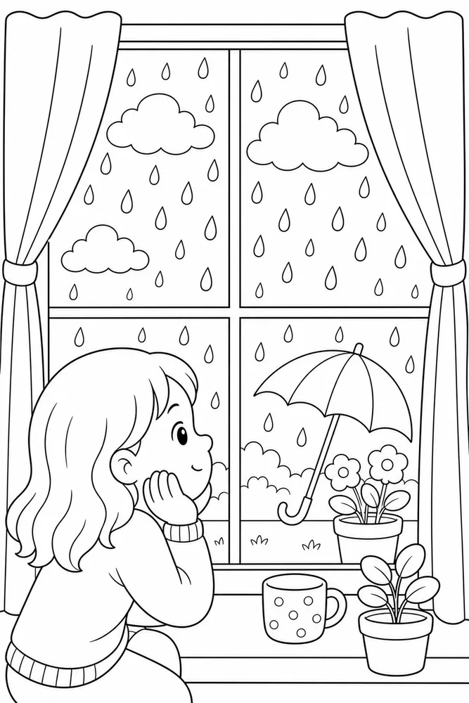 Spring Weather Raindrops On Window coloring page