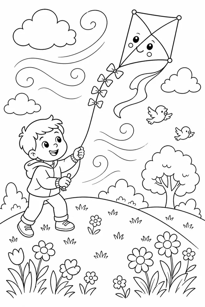 Spring Weather Windy Kite Hill coloring page