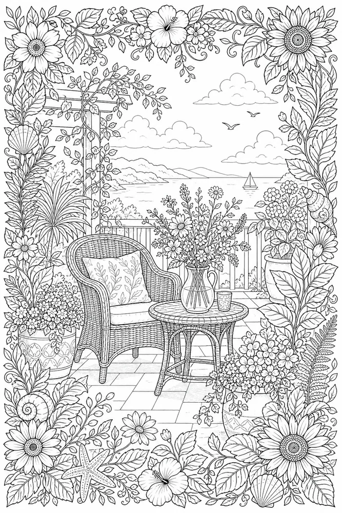 Adult Summer Botanical Border coloring page