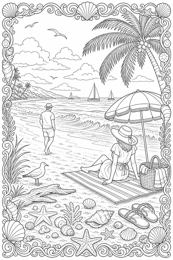 Adult Summer Detailed Beach Scene coloring page
