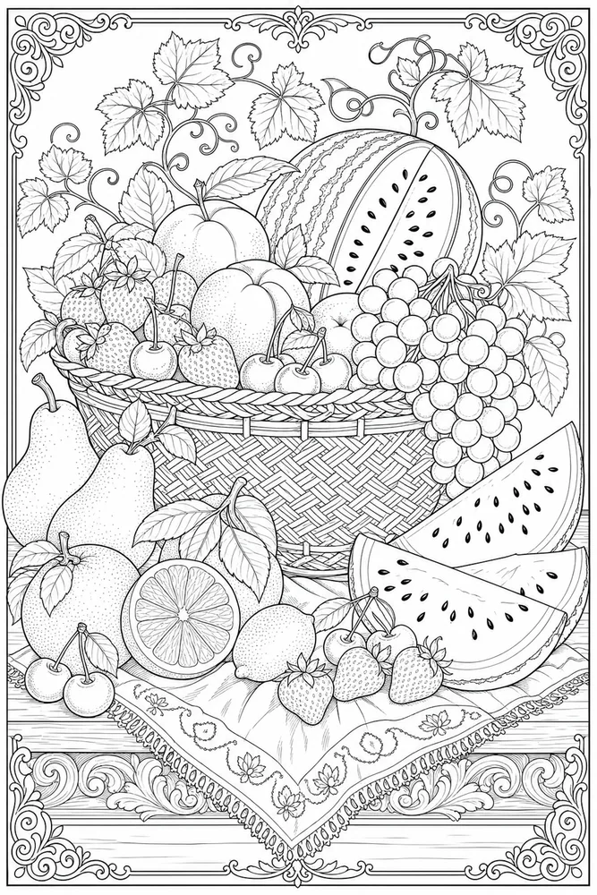 Adult Summer Fruit Still Life coloring page