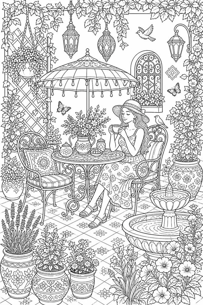 Adult Summer Garden Patio coloring page