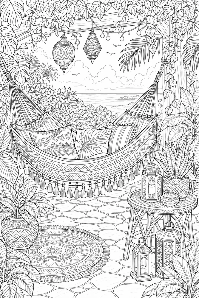 An adult summer hammock coloring page with relaxing outdoor details.