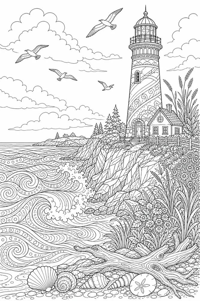 Adult Summer Lighthouse Coast coloring page