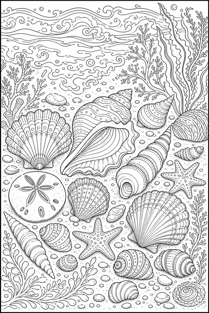 Adult Summer Ocean Shells coloring page