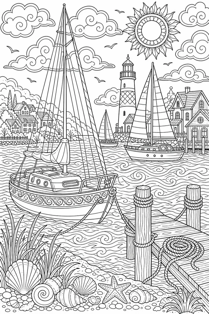 Adult Summer Sailboat Harbor coloring page