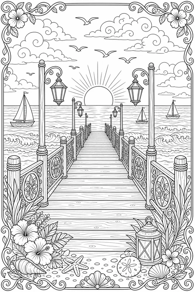 Adult Summer Sunset Pier coloring page