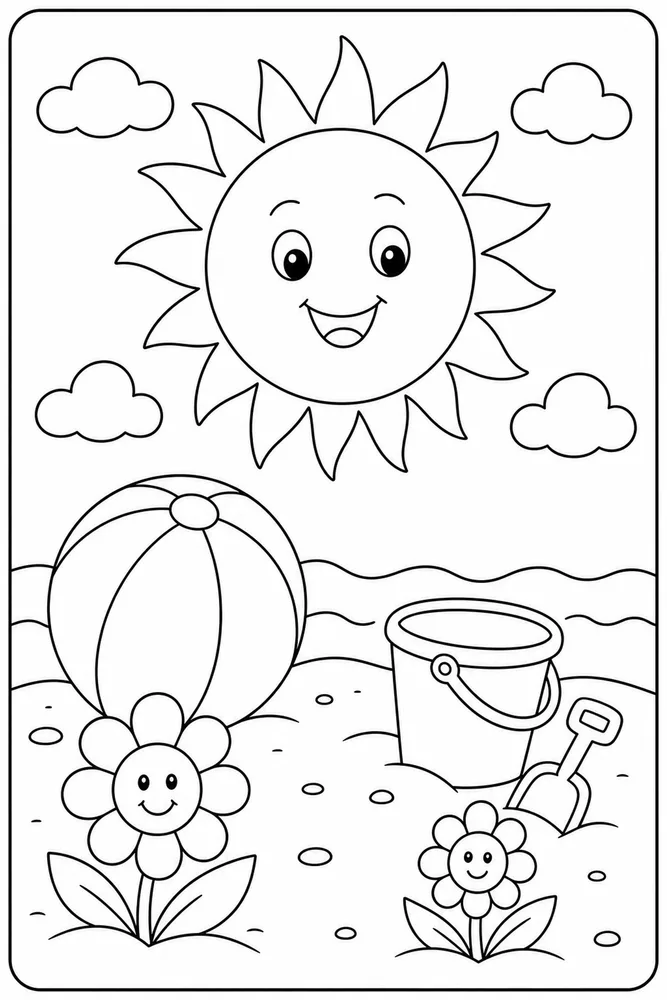 Easy Summer Coloring Pages preview: An easy summer big sun coloring page with open shapes for kids.