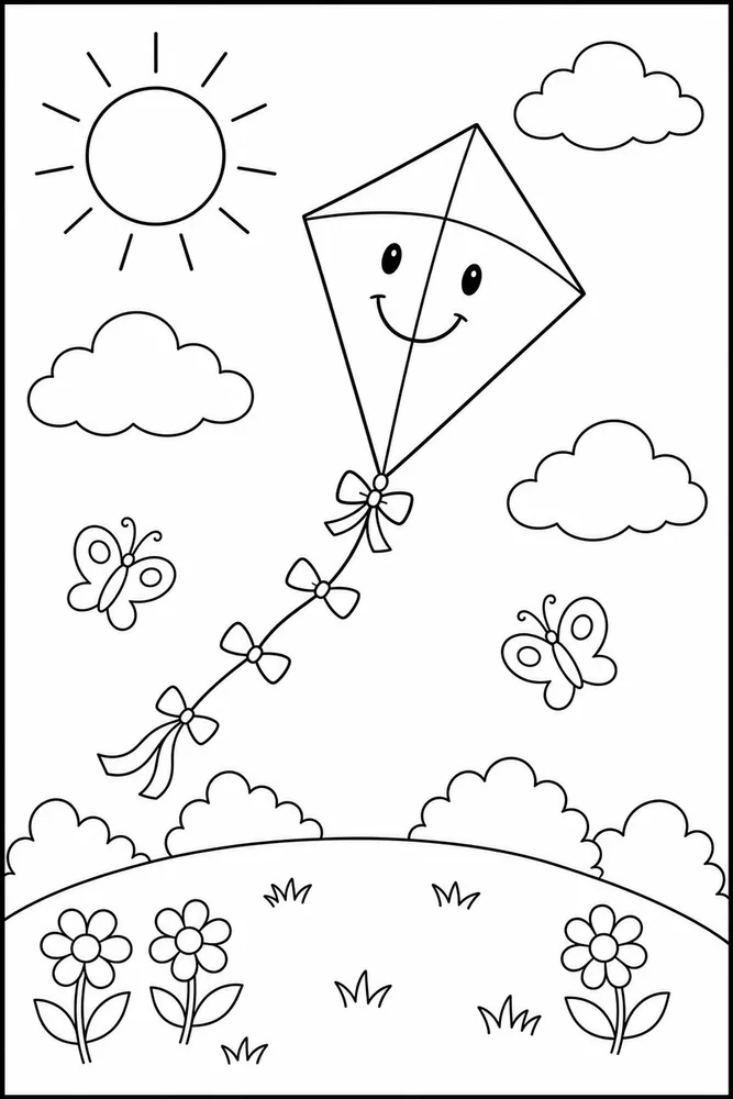 An easy summer kite coloring page with simple sky and outdoor details.