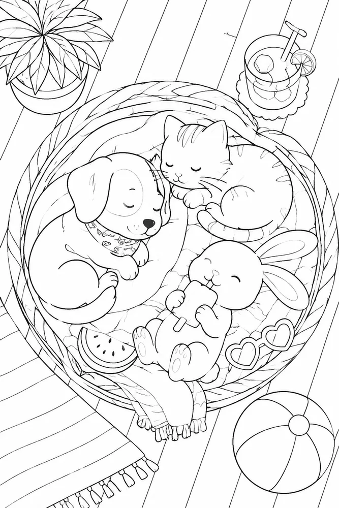Summer Animals Summer animals cozy indoor moment coloring page