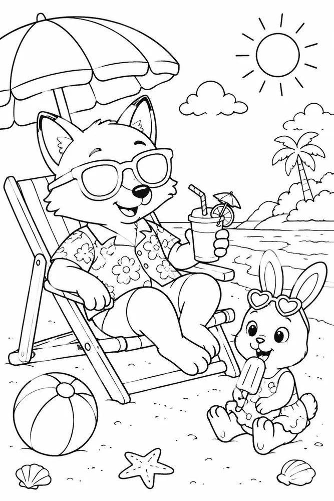 Summer Animals Summer animals family scene coloring page