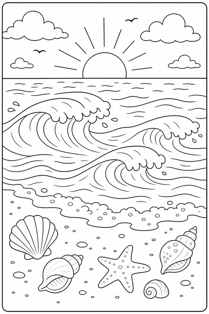 Summer Beach Ocean Waves coloring page