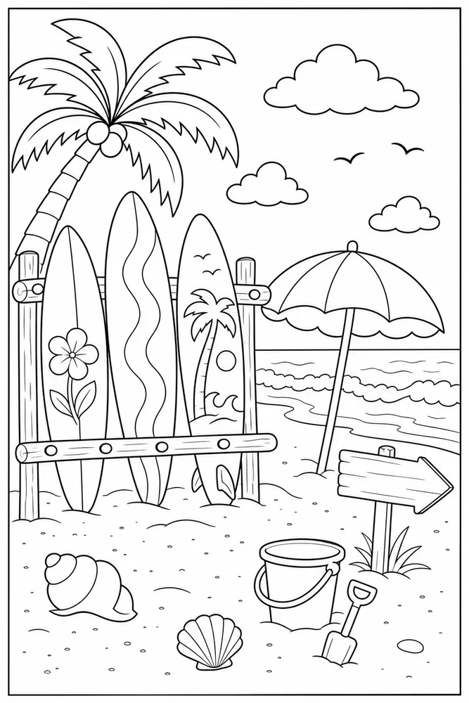 Summer Beach Surfboard Rack coloring page