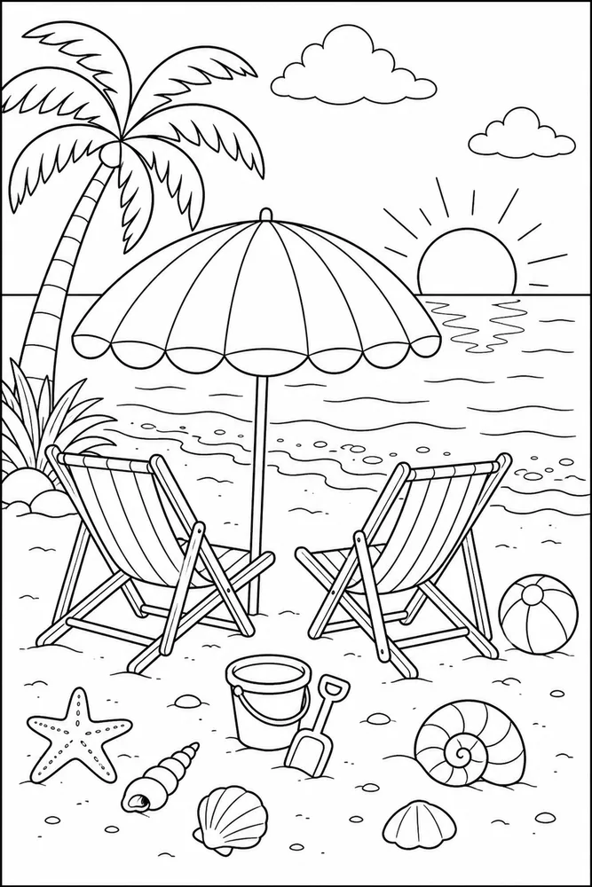 Summer Beach Umbrella Chairs coloring page