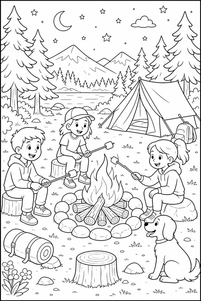 Summer Camp Campfire Circle coloring page