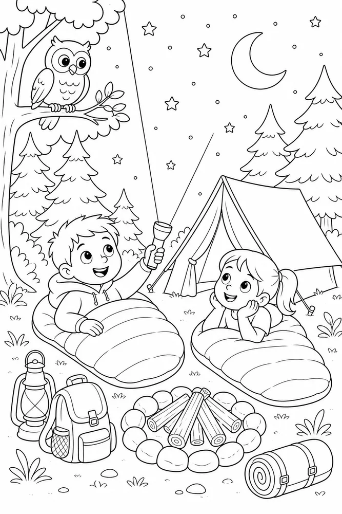 Summer Camp Flashlight Night coloring page