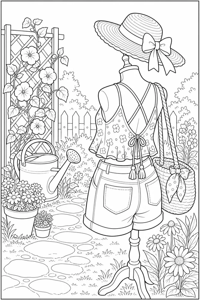 Summer Clothes Summer clothes garden setting coloring page