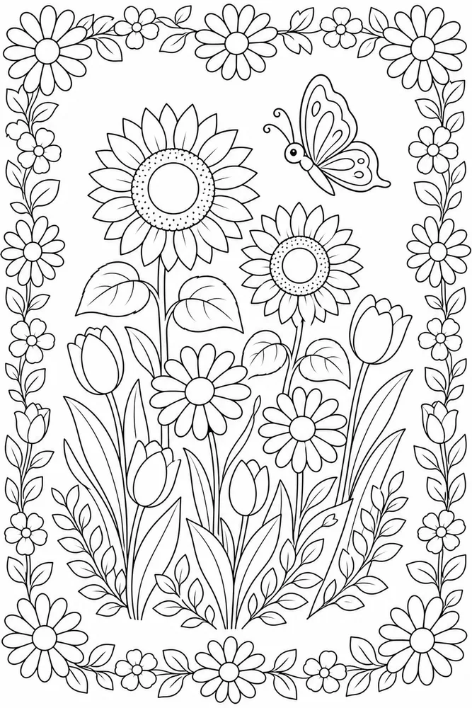 Summer Flowers Daisy Border coloring page