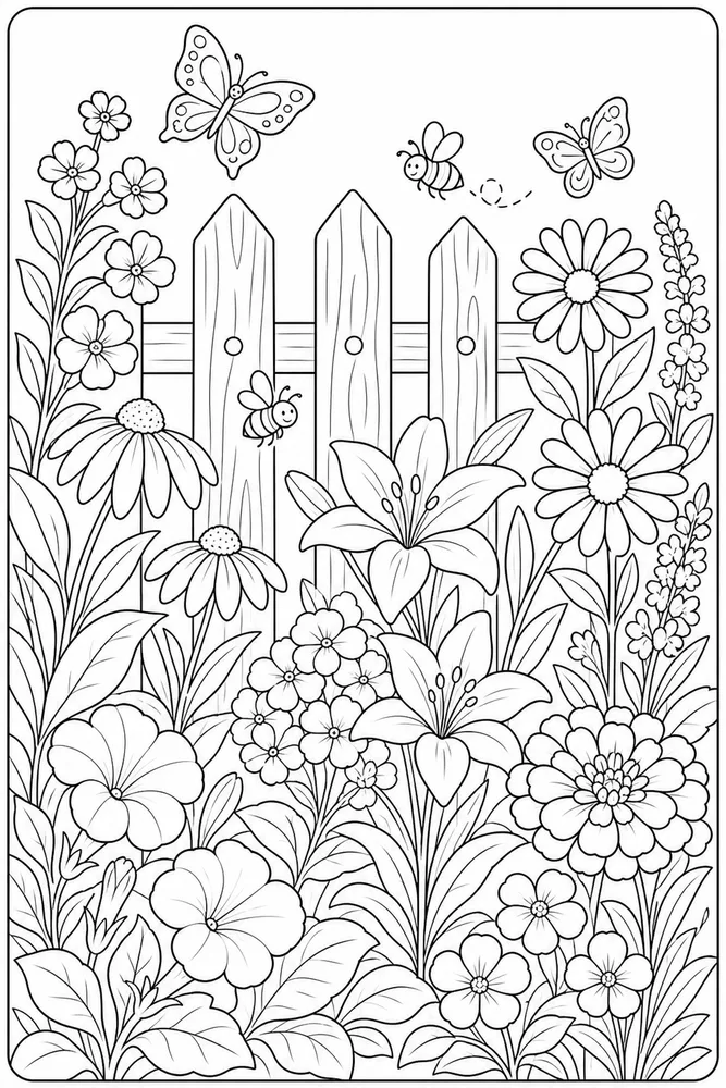 Summer Flowers Garden Fence coloring page