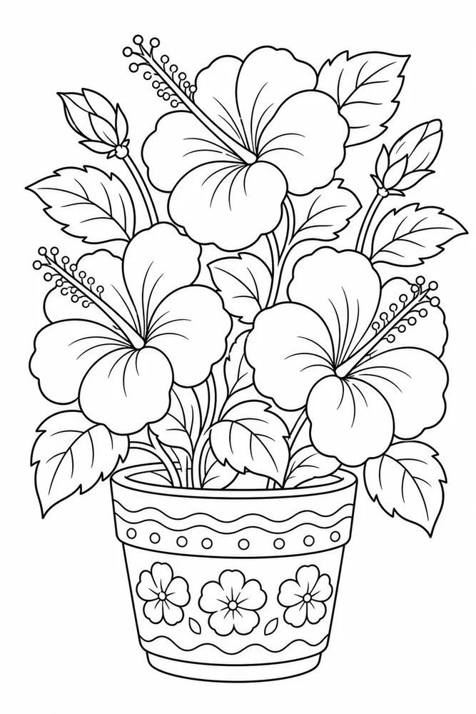 Summer Flowers Hibiscus Pot coloring page