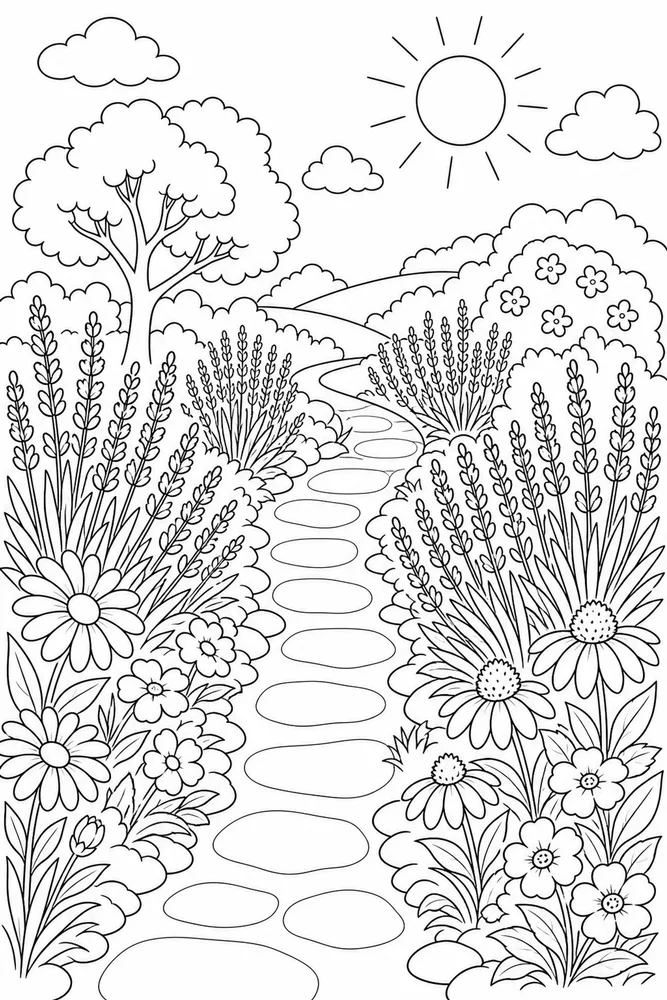 Summer Flowers Lavender Path coloring page