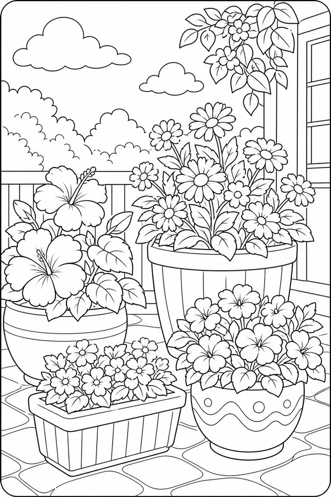 Summer Flowers Patio Planters coloring page
