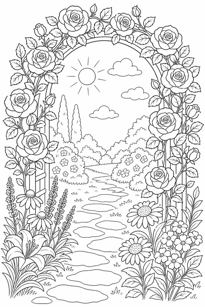Summer Flowers Rose Arch coloring page