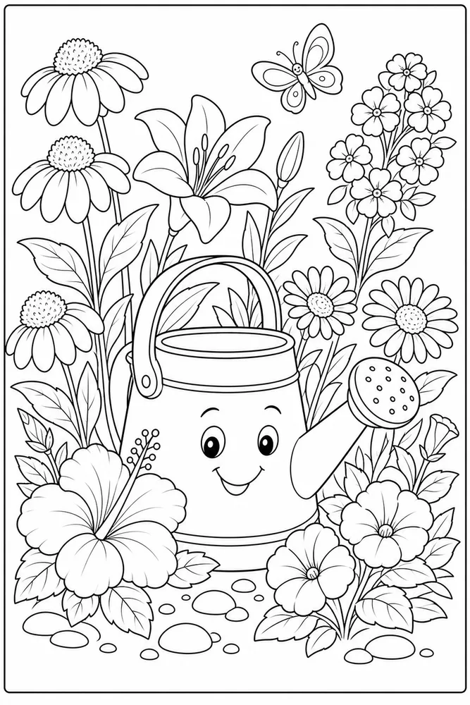 Summer Flowers Watering Can coloring page