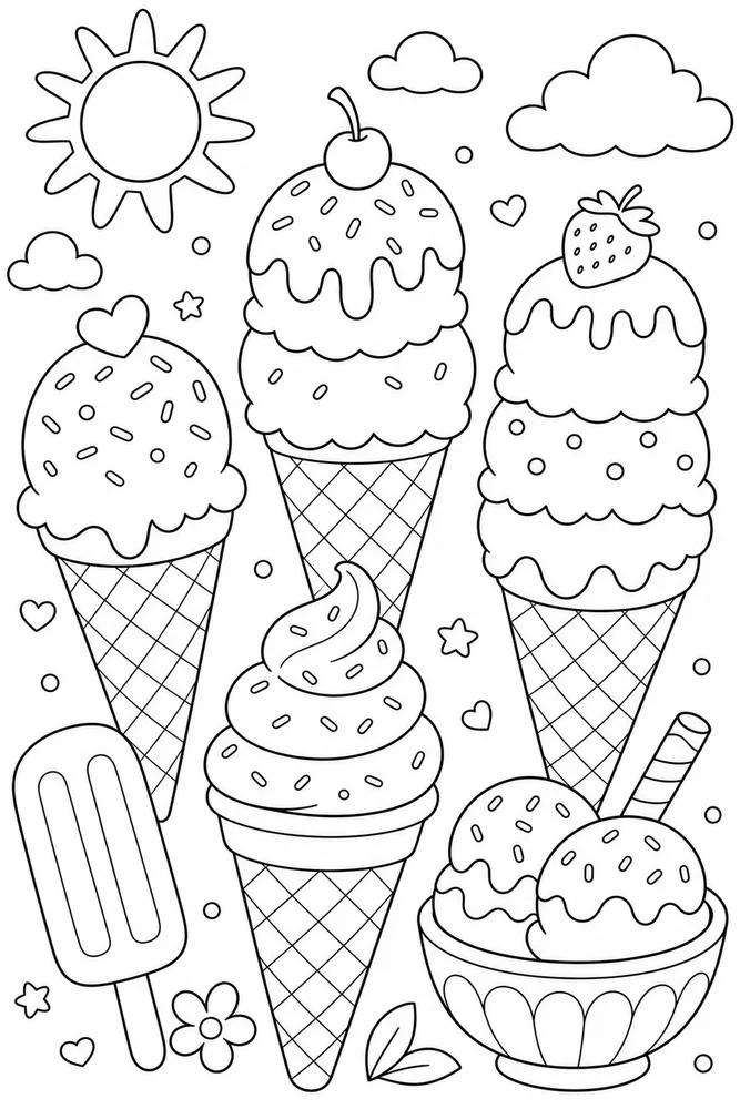 Summer Food Coloring Pages preview: Summer Food Ice Cream Cones coloring page